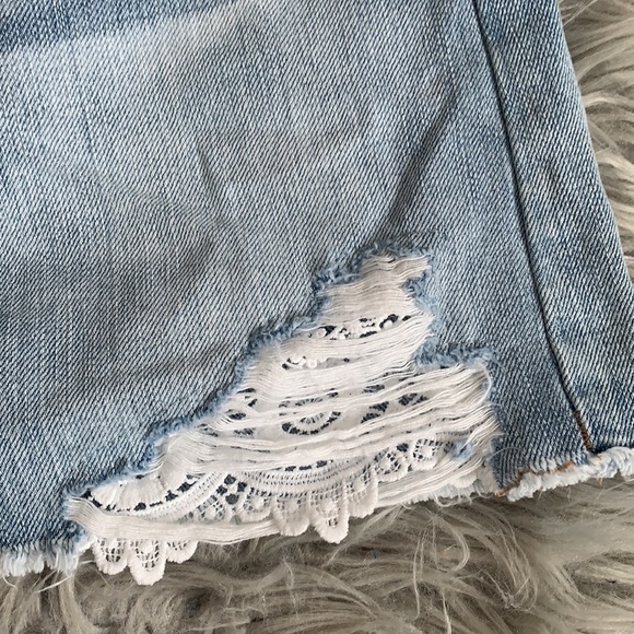American Eagle Distressed Denim and Lace Mini Skirt - Picture 3 of 9